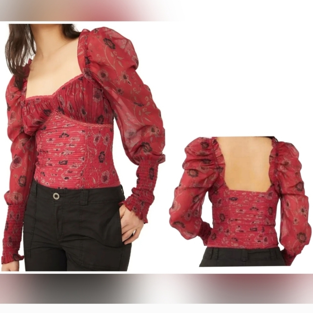 Free People Intimately Brunch Date Bodysuit Floral Print In Red Combo NWT $128